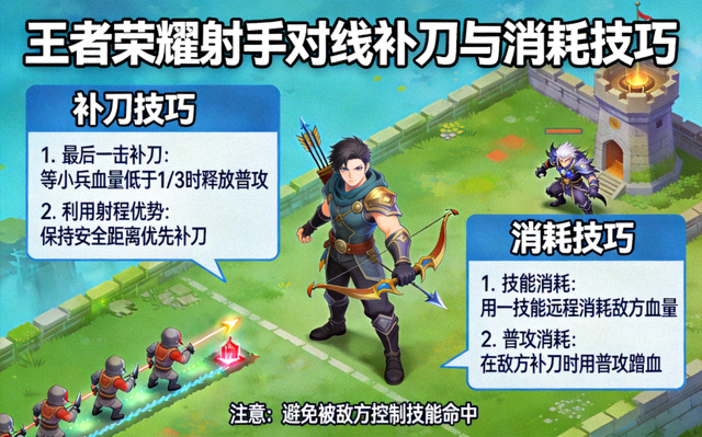 王者荣耀射手对线补刀与消耗技巧示意图